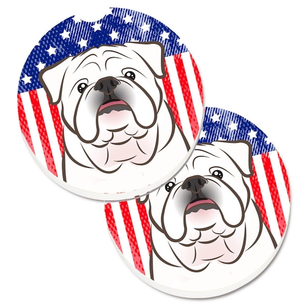 Carolines Treasures American Flag and White English Bulldog Set of 2 Cup Holder Car Coaster BB2150CARC - main